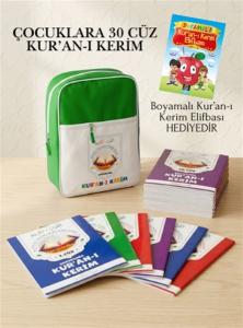 Çocuklara 30 Cüz Kur'an-ı Kerim (Yeşil Çantalı) Boyamalı Kur'an-ı Kerim Elifbası Hediyeli