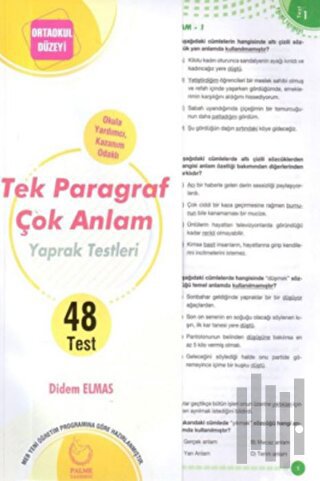 Ortaokul Düzeyi Tek Paragraf Çok Anlam Yaprak Test